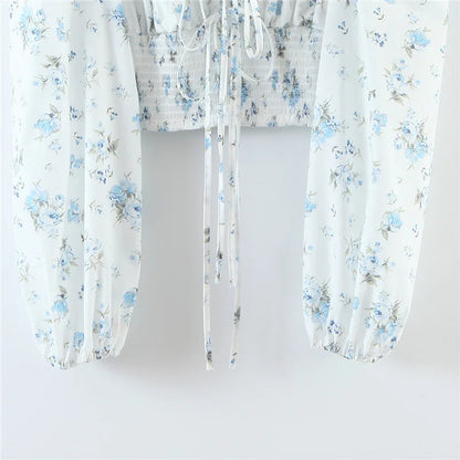 Dam Festtopp Blommönster Elastisk Hög Midja Puffärm Bomull-4