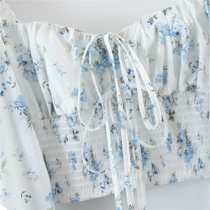 Dam Festtopp Blommönster Elastisk Hög Midja Puffärm Bomull-6