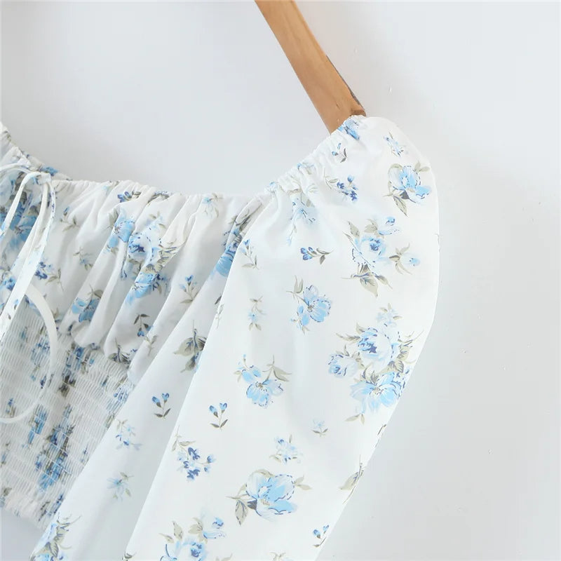 Dam Festtopp Blommönster Elastisk Hög Midja Puffärm Bomull-5