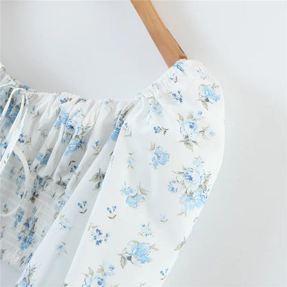 Dam Festtopp Blommönster Elastisk Hög Midja Puffärm Bomull-5