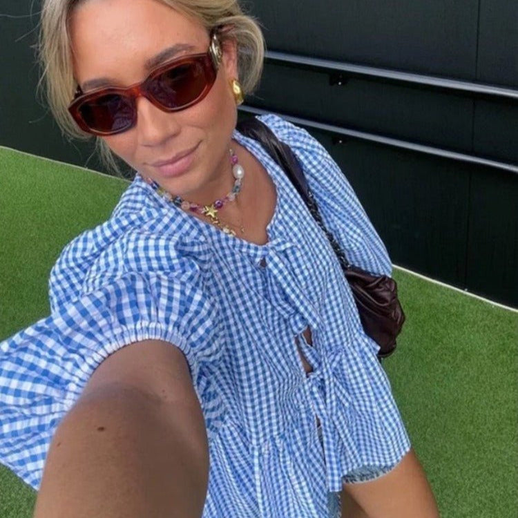 Dam Blus med Puffhylsor Randig Design Lätt Tyg-4