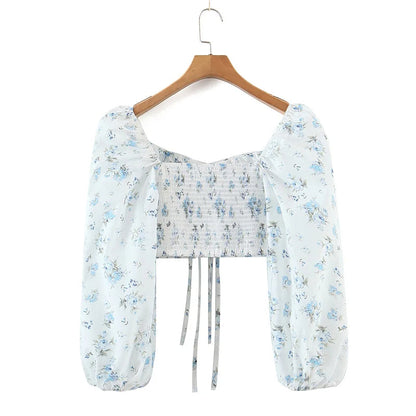 Dam Festtopp Blommönster Elastisk Hög Midja Puffärm Bomull-2