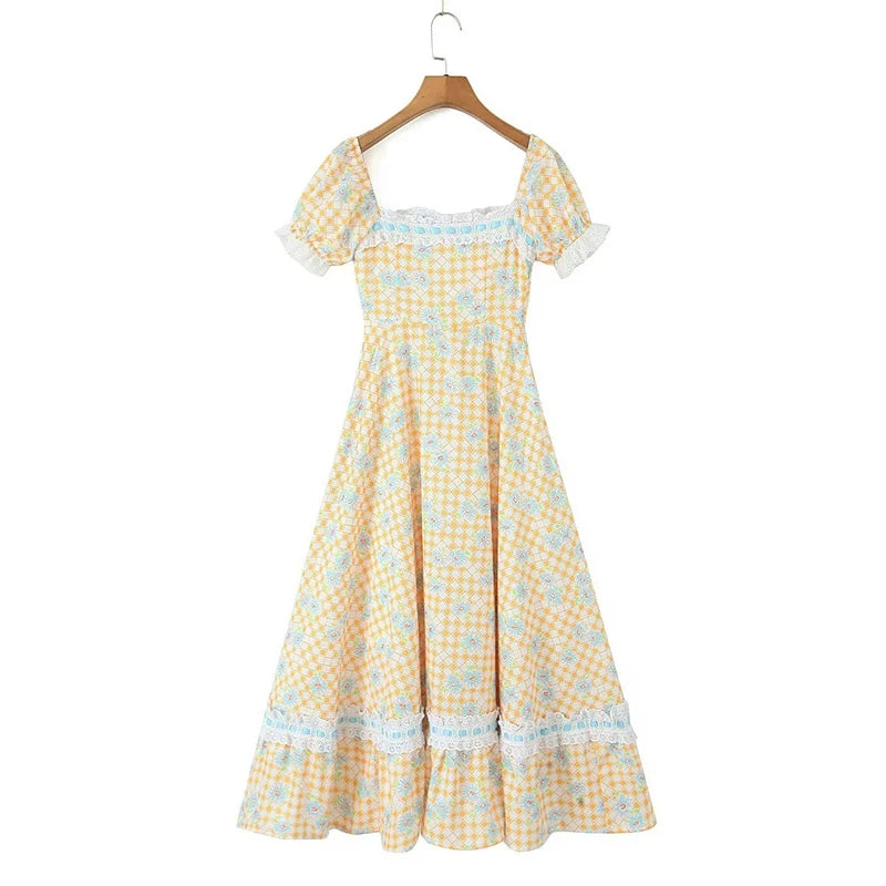 Dam Maxiklänning med Snörning och Puffärmar Polyester/Bomull-2