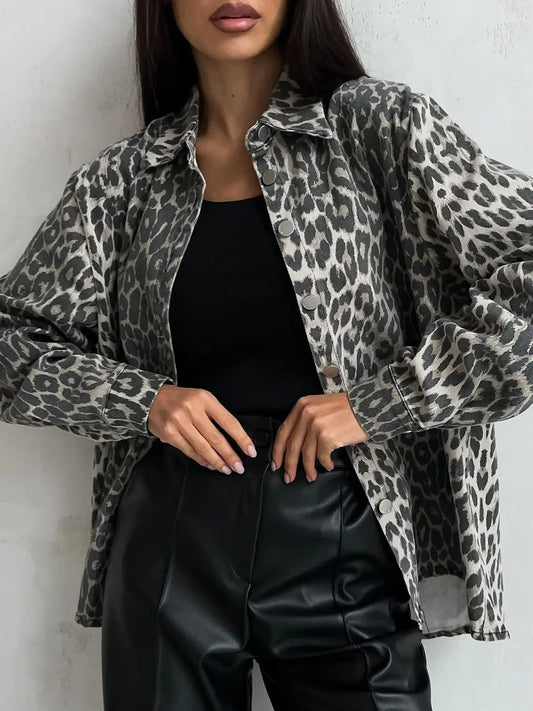 Damjacka Leopardmönster Avslappnad Polyester Jacka för Damer-1