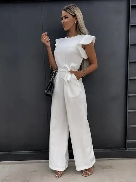 Kvinna Jumpsuit Rynkade Ärmar Midjeband Högkvalitativt Tyg-4