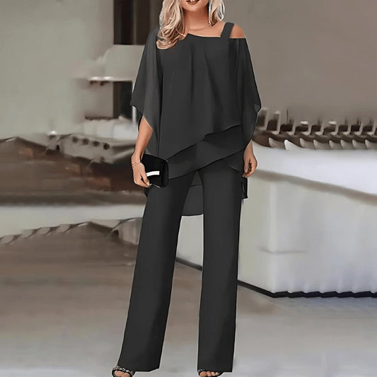 Kvinnors Off-Shoulder Set Skiktad Topp Lätta Byxor-1