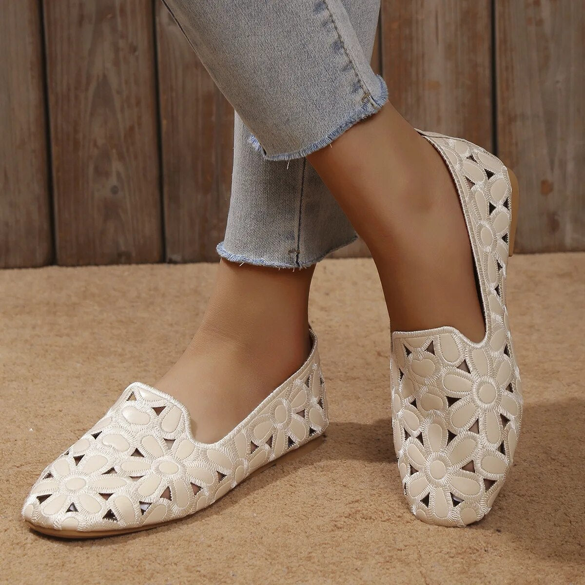 Bekväma Loafers Dam Blommig Design Syntetiskt Material-4