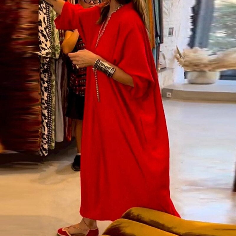 Dam Fritidsklänning V-ringning 3/4 Ärmar Lätt Material-4