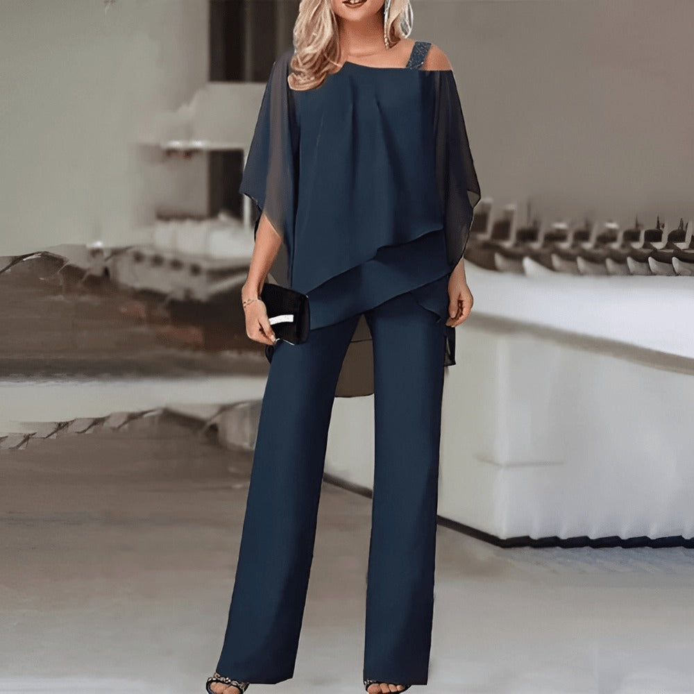 Kvinnors Off-Shoulder Set Skiktad Topp Lätta Byxor-4