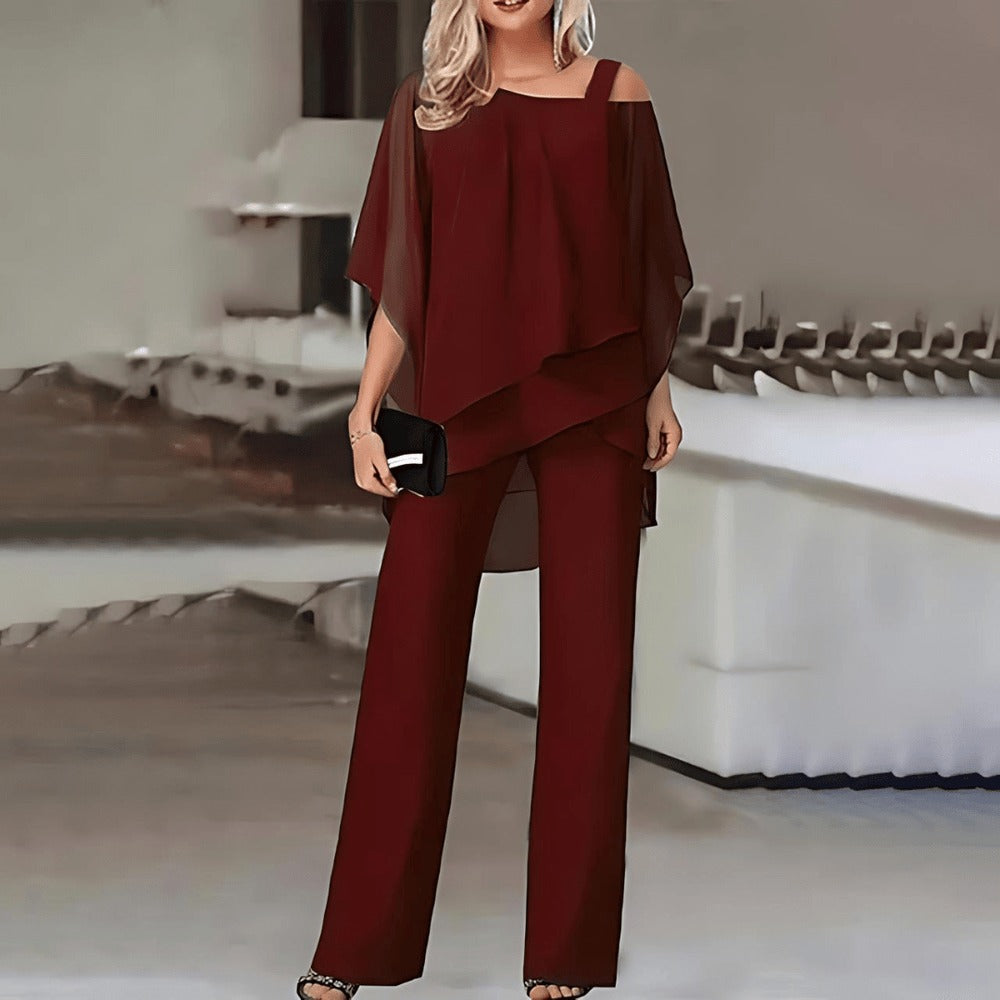 Kvinnors Off-Shoulder Set Skiktad Topp Lätta Byxor-5