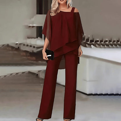 Kvinnors Off-Shoulder Set Skiktad Topp Lätta Byxor-5
