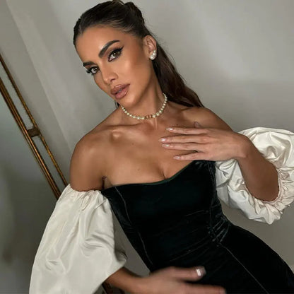 Dam Axelfri Sammetklänning med Puffärmar-6