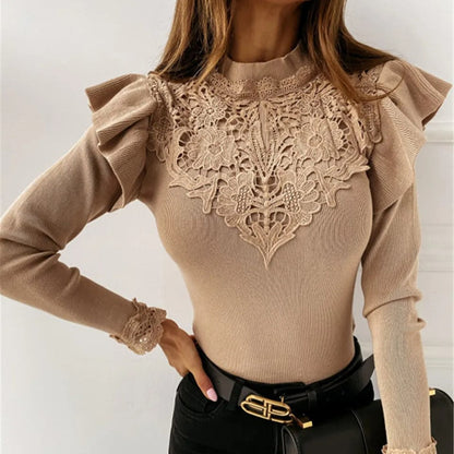 Stickad Dam Turtleneck Tröja med Ruffles i Mjukt Polyester 2