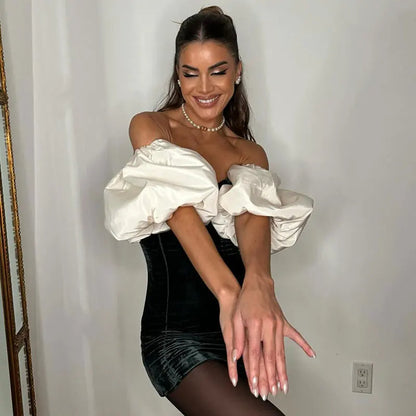 Dam Axelfri Sammetklänning med Puffärmar-5