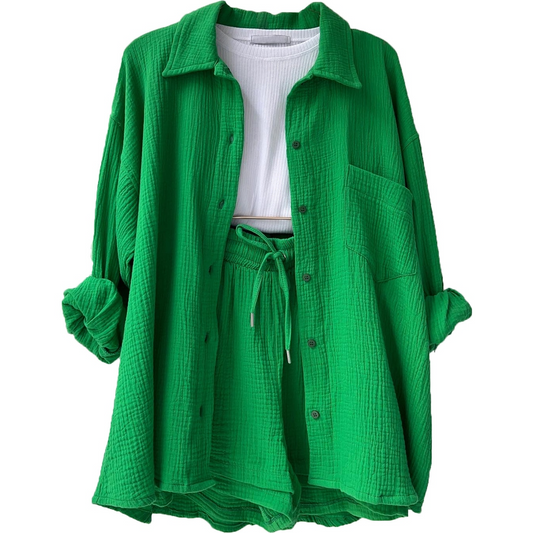 Dam Loungewear Set Avslappnad Bomull Reversibel Topp och Shorts 1