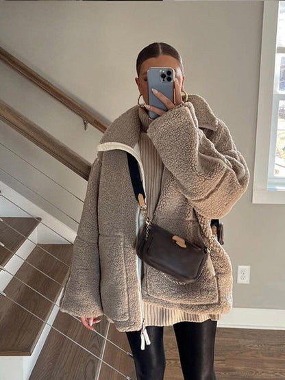 Damjacka Sherpa Plyschfleece Modern Design Avslappnad Snitt-2