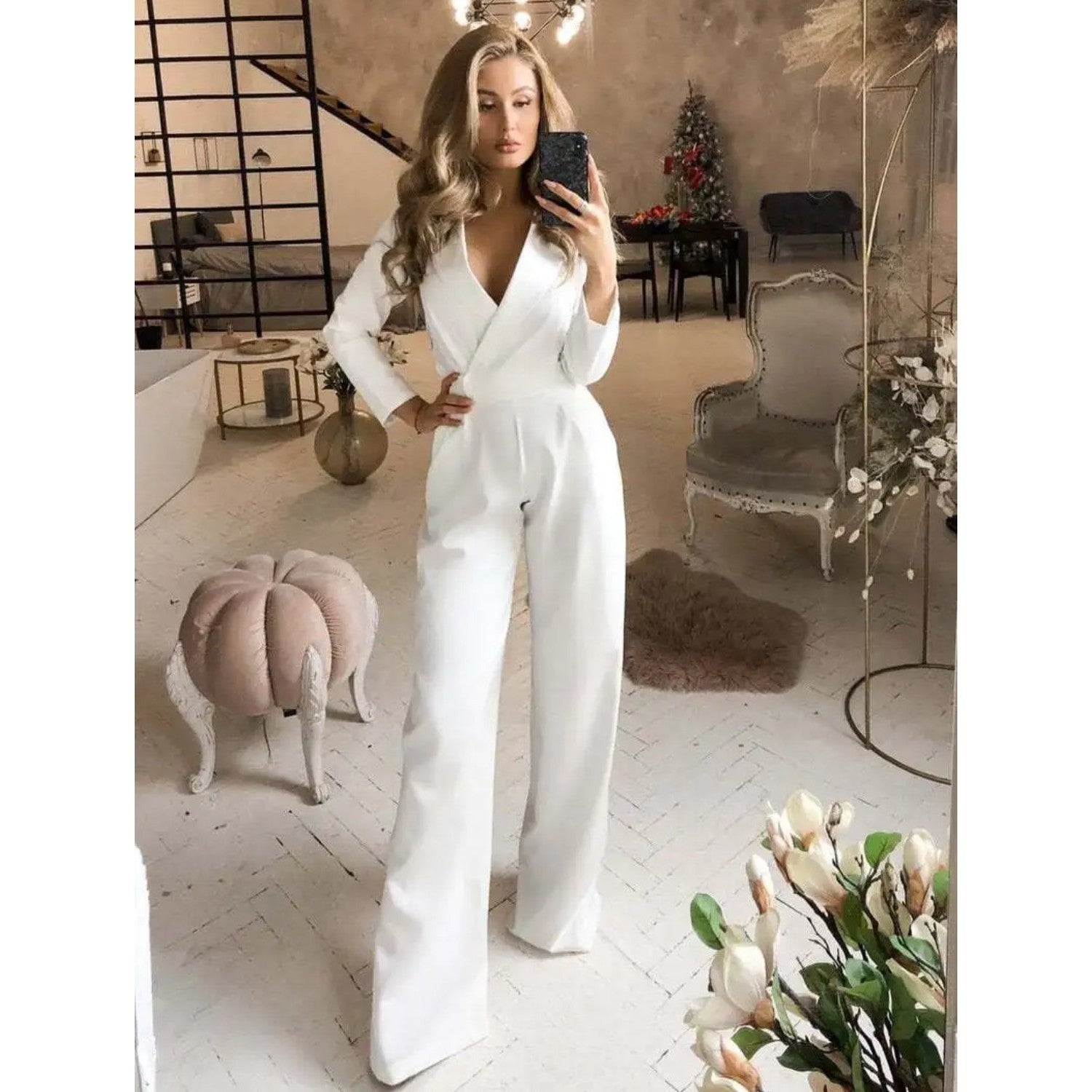 Kvinna Jumpsuit V-ringning Andningsbart Tyg-1