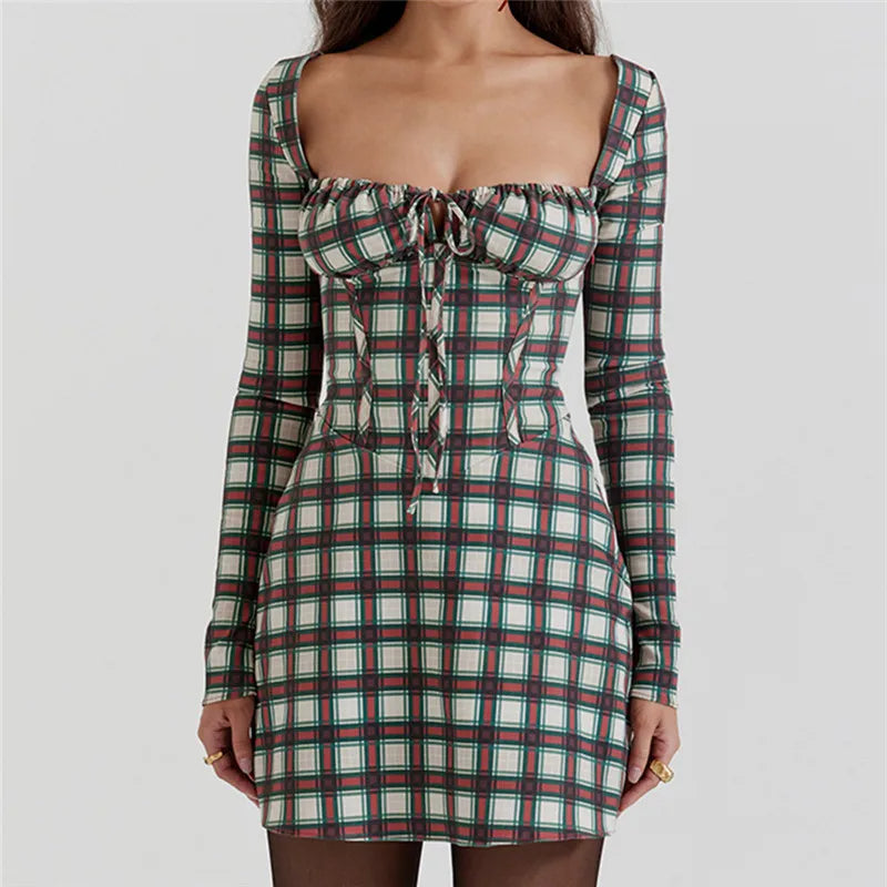 Kvinnors Miniklänning Rutigt med Vinkelhalsring Polyester-2