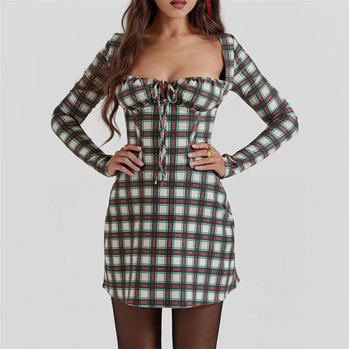 Kvinnors Miniklänning Rutigt med Vinkelhalsring Polyester-1
