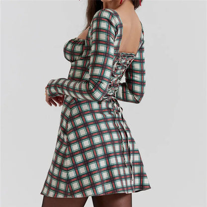 Kvinnors Miniklänning Rutigt med Vinkelhalsring Polyester-3