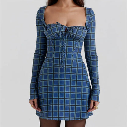 Variant image for Kvinnors Miniklänning Rutigt med Vinkelhalsring Polyester-7