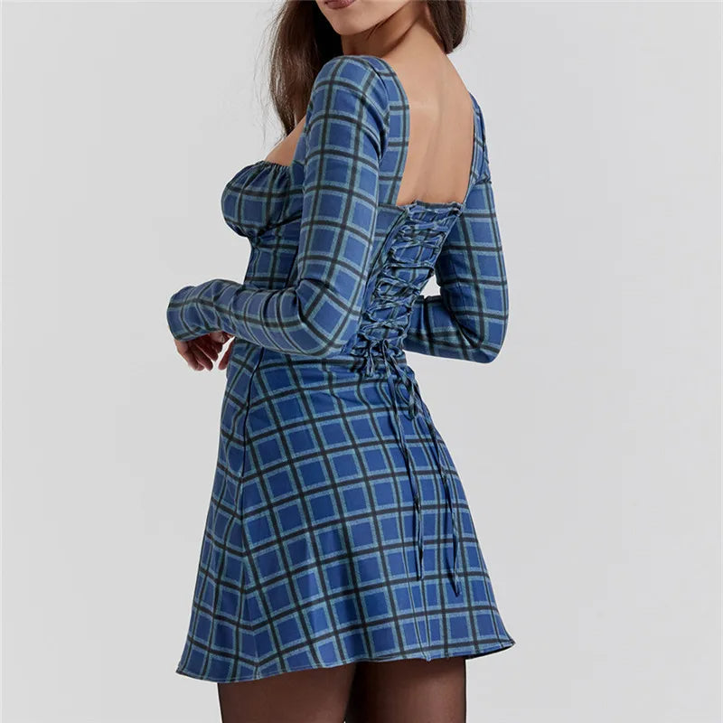 Kvinnors Miniklänning Rutigt med Vinkelhalsring Polyester-4