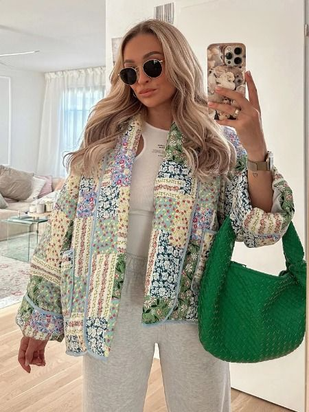 Lång Kofta Dam Retro Fodrad Blommönster Mjuk Textil 6