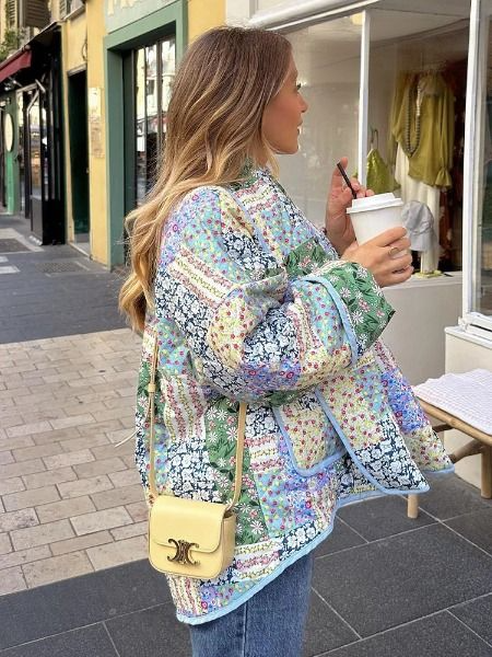 Lång Kofta Dam Retro Fodrad Blommönster Mjuk Textil 5