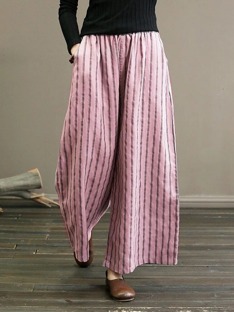 Dam Bredbyxor Hög Midja Randig Bomullslinn-2