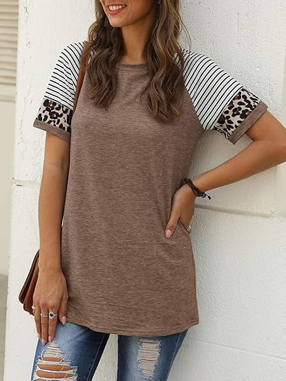 Kvinnors Kortärmad T-shirt i Färgblock – Löst Snitt i 100% Bomull för Avslappnad Stil 10