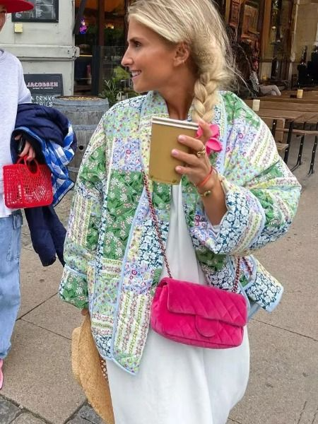 Lång Kofta Dam Retro Fodrad Blommönster Mjuk Textil 4