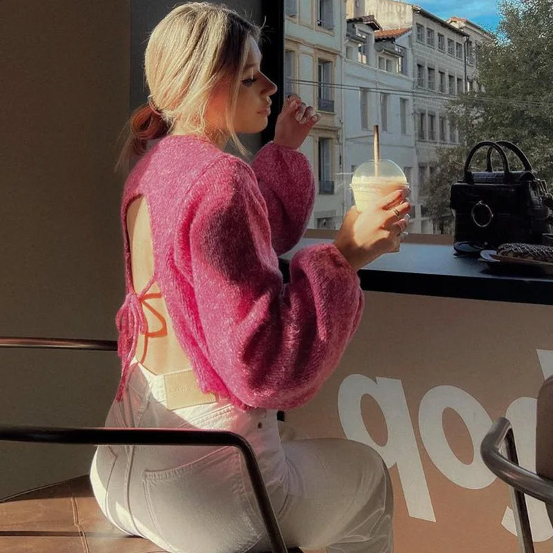 Stickad Dam Tröja med Överlappande Axlar och Ballongärmar i Mjukt Material-5