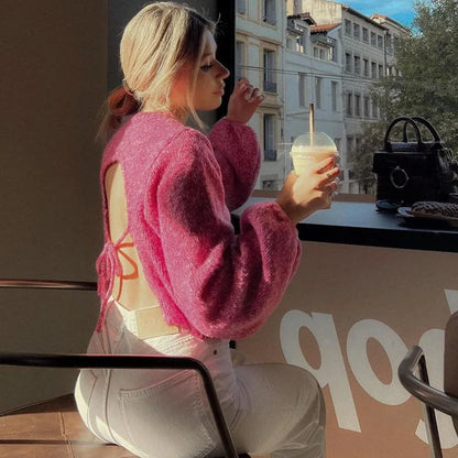Stickad Dam Tröja med Överlappande Axlar och Ballongärmar i Mjukt Material-5
