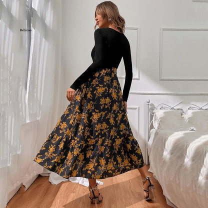 Kvinna Midi Klänning Blommönster Långa Ärmar Andningsbart Tyg-3