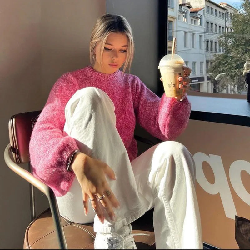 Stickad Dam Tröja med Överlappande Axlar och Ballongärmar i Mjukt Material-1