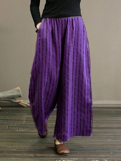 Dam Bredbyxor Hög Midja Randig Bomullslinn-3