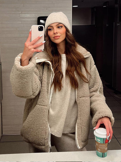 Damjacka Urban Chic Sherpa Zipjacka med Hög Krage och Fickor-3