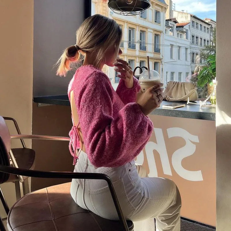 Stickad Dam Tröja med Överlappande Axlar och Ballongärmar i Mjukt Material-4