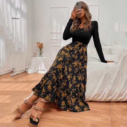 Kvinna Midi Klänning Blommönster Långa Ärmar Andningsbart Tyg-4