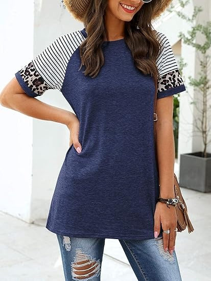 Kvinnors Kortärmad T-shirt i Färgblock – Löst Snitt i 100% Bomull för Avslappnad Stil 11