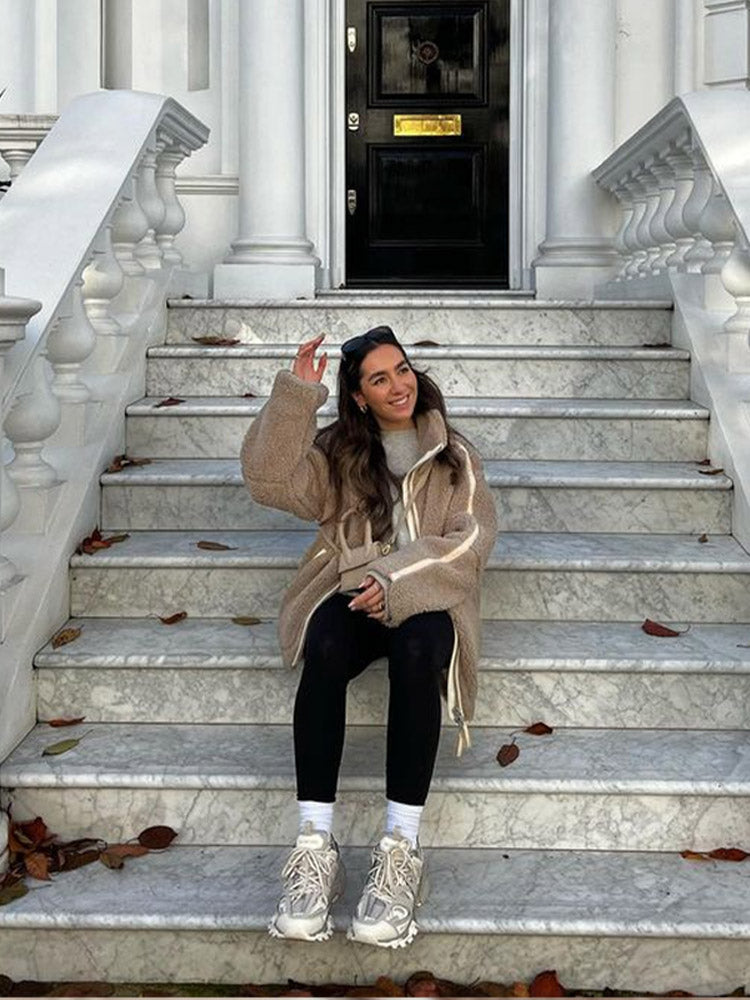 Damjacka Urban Chic Sherpa Zipjacka med Hög Krage och Fickor-4