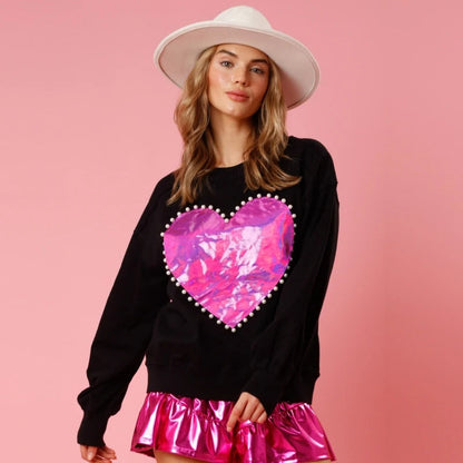 Dam Stickad Tröja Med Hjärta Applikation Tjockt Material-3