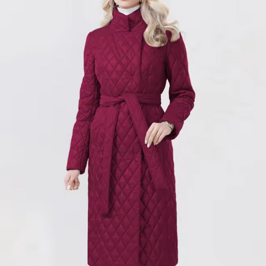 Dam Lång Bomullsjacka Vadderad Med Dragsko Diamantmönster-1