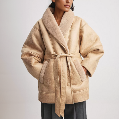 Variant image for Damjacka Syntetiskt Läder Vintage Med Sherpa-Foder Och Justerbart Bälte-6