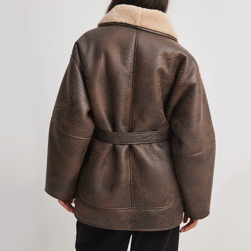 Damjacka Syntetiskt Läder Vintage Med Sherpa-Foder Och Justerbart Bälte-5