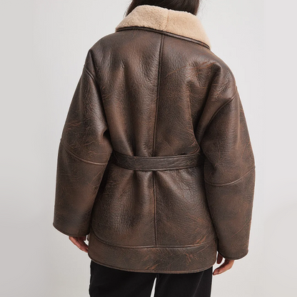 Damjacka Syntetiskt Läder Vintage Med Sherpa-Foder Och Justerbart Bälte-5