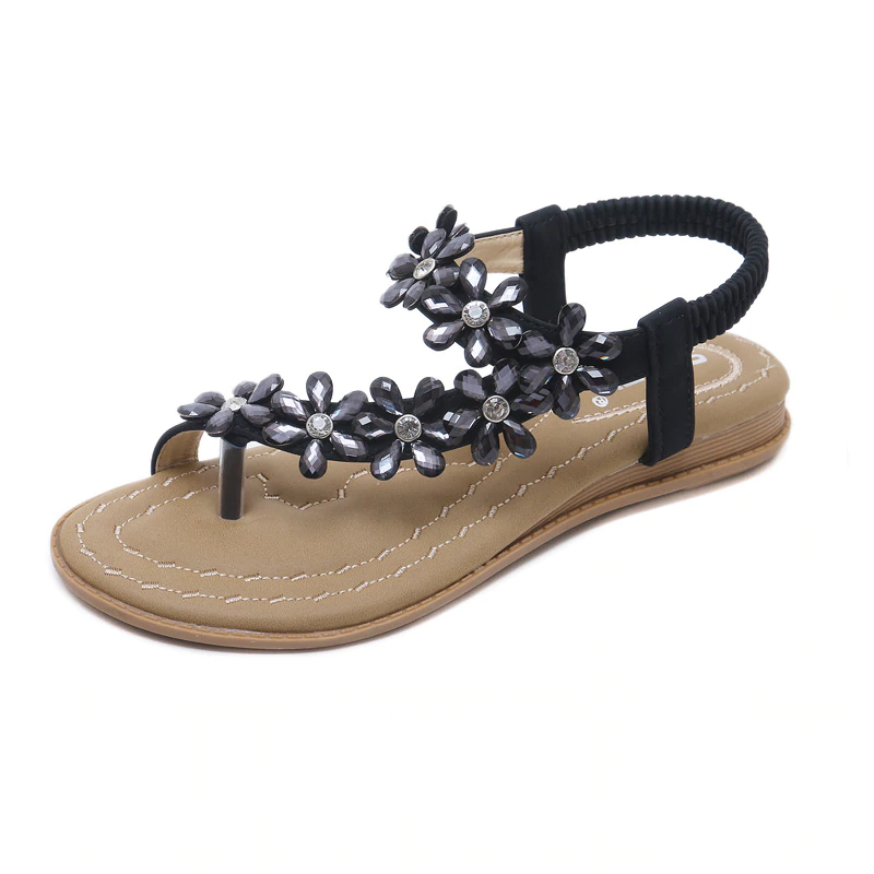 Sandaler Dam T-Band i PU-Läder med Blommor och Strass – Öppen Sula för Komfort och Stil 2