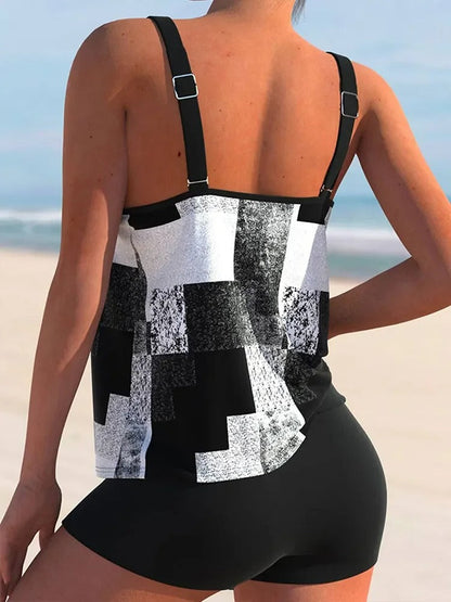 Dam Tankini Geometriskt Mönster Dubbelbärare Polyester-3
