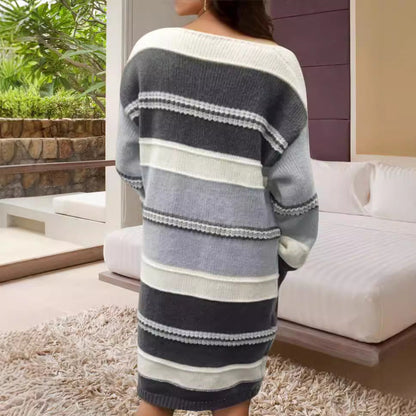 Kvinnors Höstklänning Randig Stickad med Lykta Ärmar Mjuk Material-2