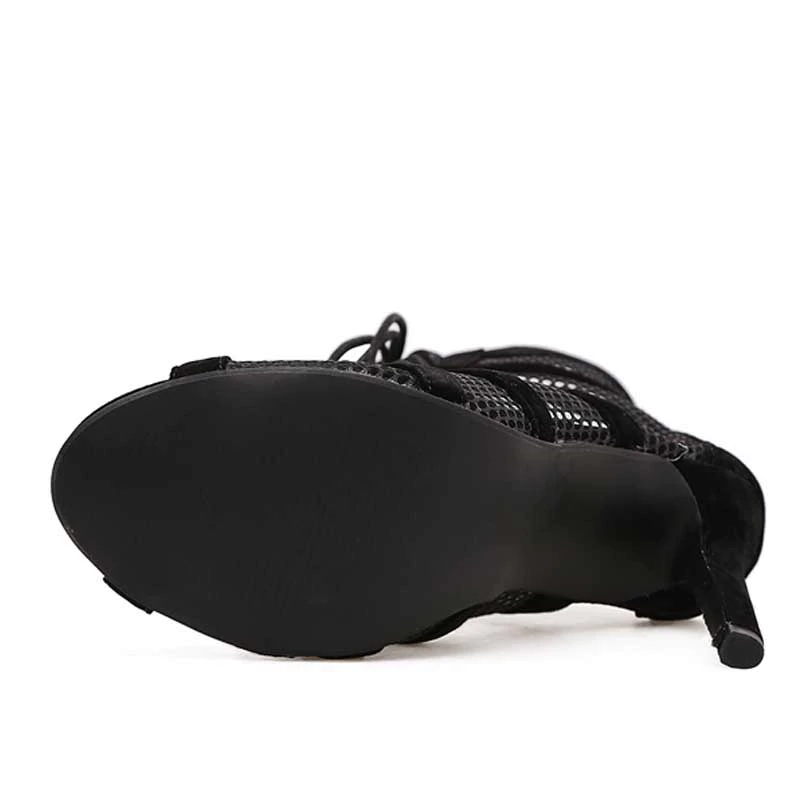 Dam Ankelboots Peeptoe Flock Mesh Hög Klack-3